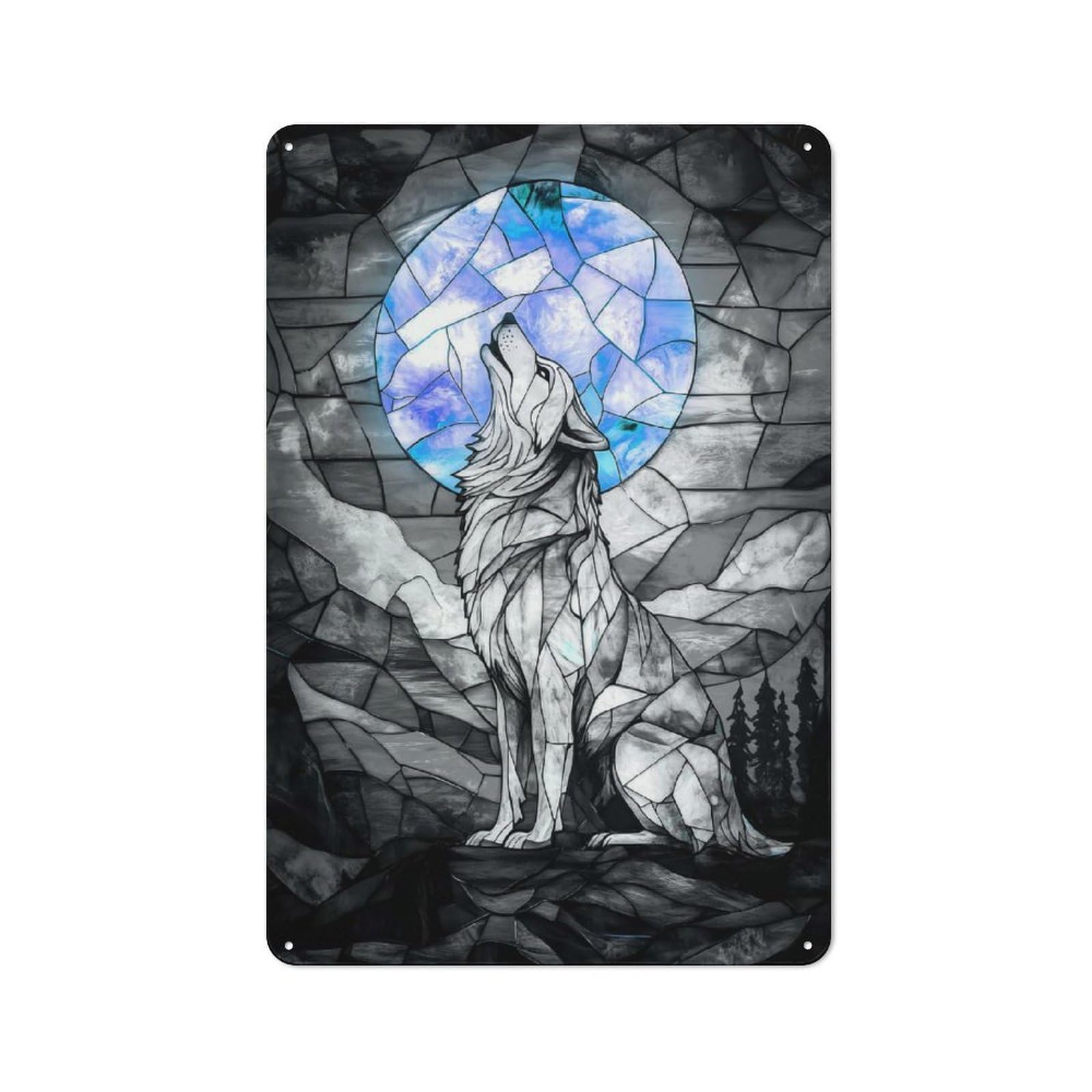 Junmoney Stained Glass Wolf Metal Plaque 30X20cm With For Hallway Wall, Retro Decor, For Themed Interiors In Hallways And Entrance Areas