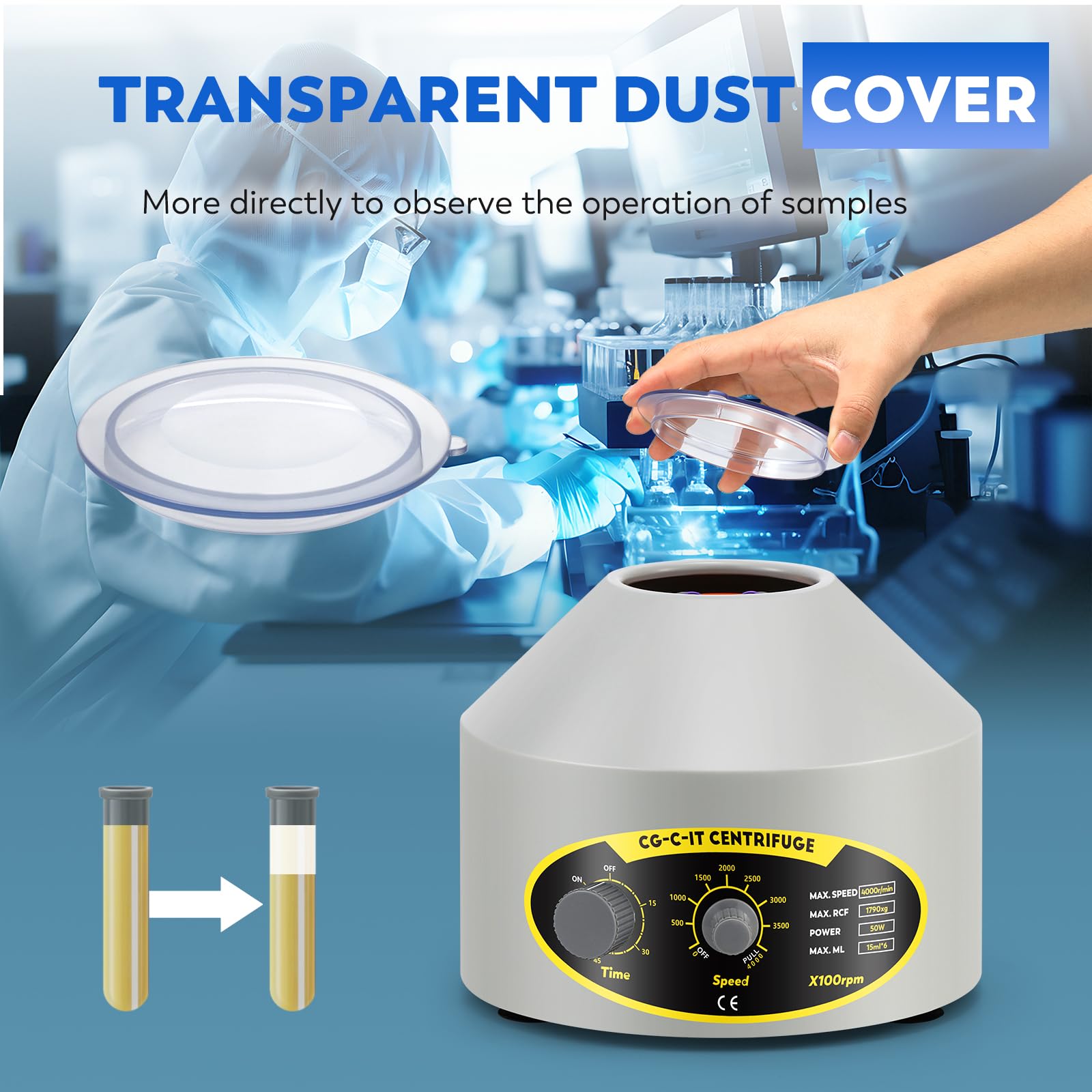 CGOLDENWALL Centrifugadora de Laboratorio, 6*15ml, 4000rpm, 1790xg RCF, Centrífuga con Temporizador de 60 Minutos y 2 Juegos de Adaptadores, Tubos de Vacío de 5/10 ml y Tubos de Centrífuga de 10/15 ml