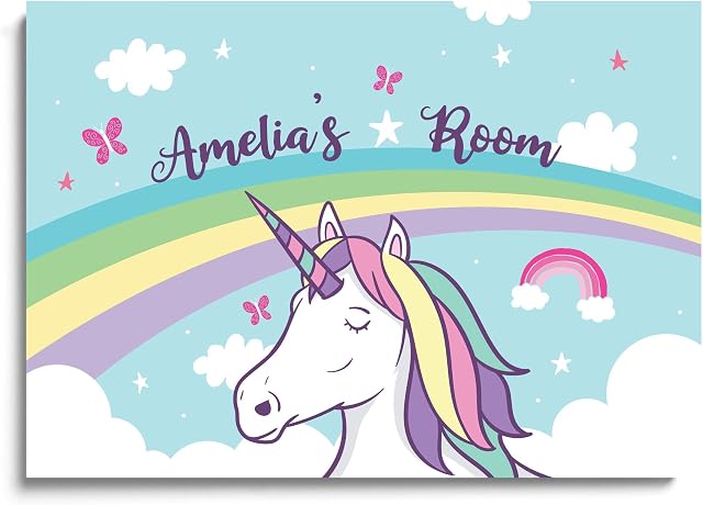RED OCEAN Girls Personalised Unicorn Bedroom Door Sign Framed Print Birthday Daughter (A4 Print Only - PERSONALISED Unicorn Rainbow Girls Room)