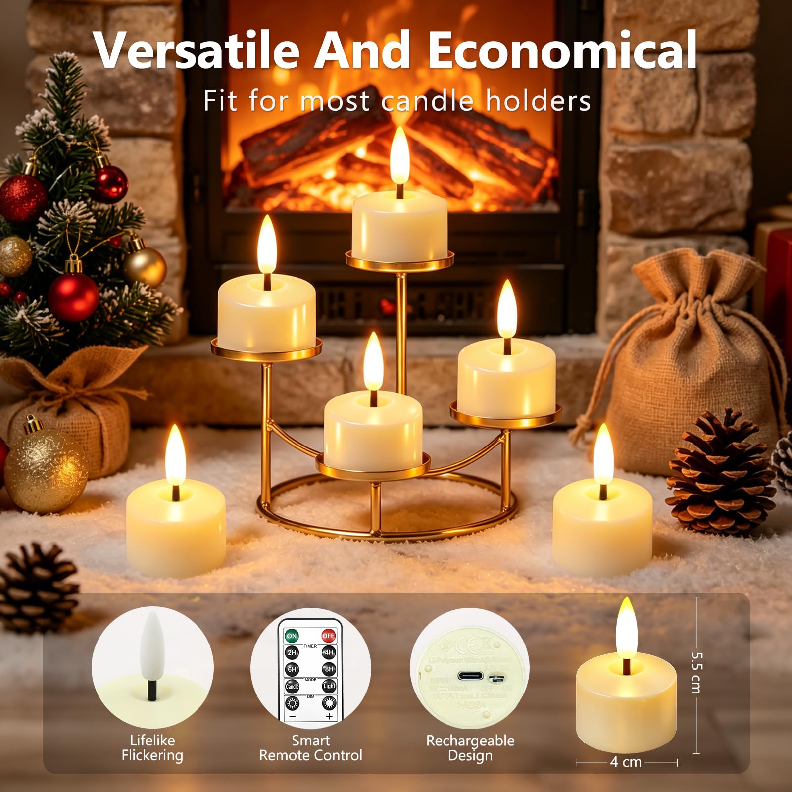 Lot de 12 bougies chauffe-plat rechargeables sans flamme avec télécommande minuterie, 4 cm x 5,5 cm, à piles pour décoration de maison, fête, anniversaire, mariage