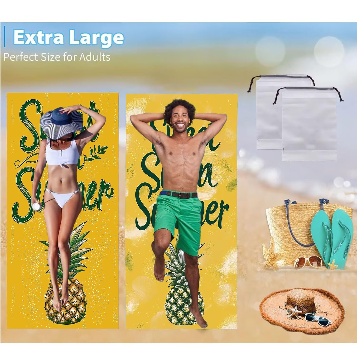 Ręcznik plażowy 90 x 200 cm, zestaw 2 dużych ręczników z mikrofibry szybkoschnący, chłonny, kompaktowy, ręcznik kąpielowy bez piasku lato koc plażowy damski do kąpieli prezent (lato ananas) H-943
