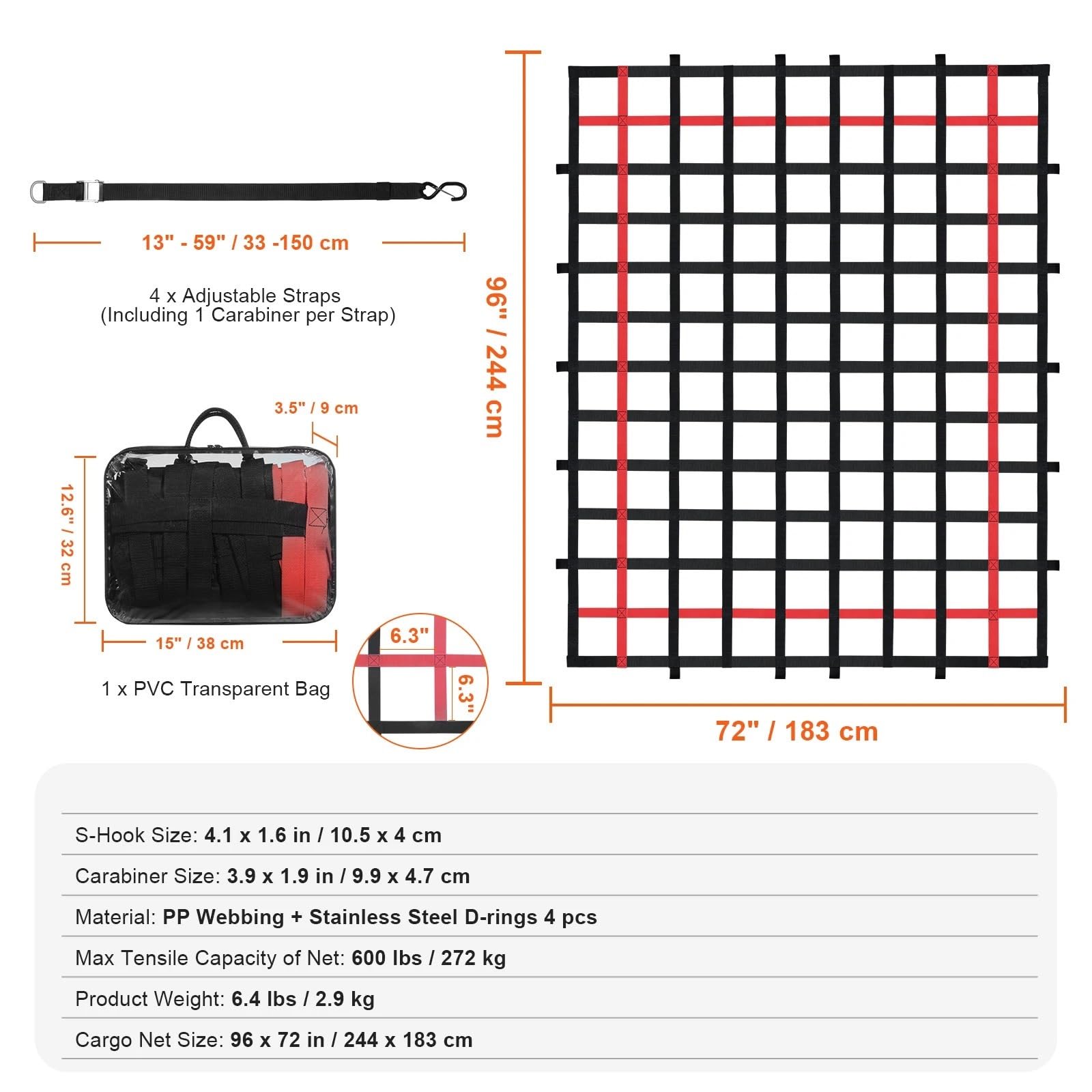 Red Maletero de Coche Car Trunk Rooftop Net Mesh Cargo with 4 Adjustable Straps& S-Hooks Trailer Dumpster Extend Covers
