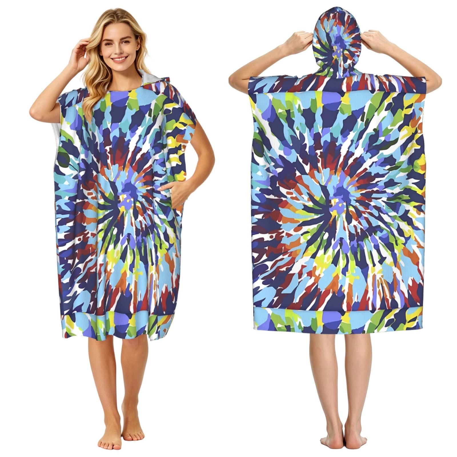 Poadnly Trippy Tye Dye, Adult Hooded Beach Towel 90 x 110 cm,Changing Bath Robe, Surf Poncho Towel For Women Men