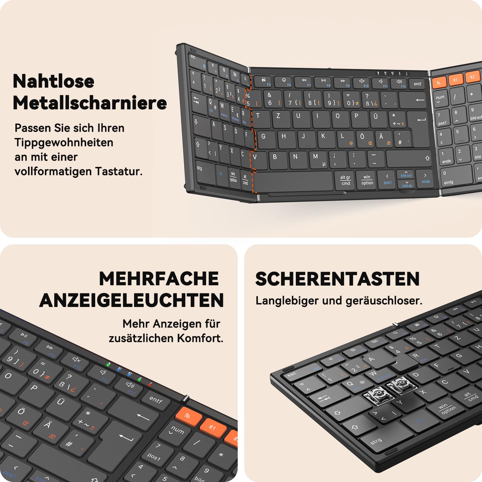 MEETION QWERTZ - Juego de teclado plegable con Bluetooth, teclado inalámbrico plegable con ratón, 2,4 GHz, diseño QWERTZ, compatible con Windows/Mac/iOS/Android/iPad, color negro