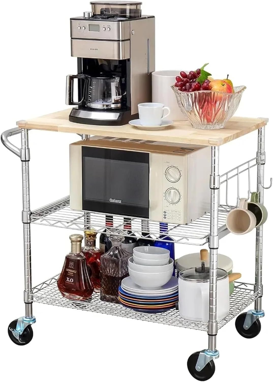 Storage Trolley Rolling Kitchen Cart with Wood Tabletop, Island WithWheels and Slider Shelf Shelving Organizer