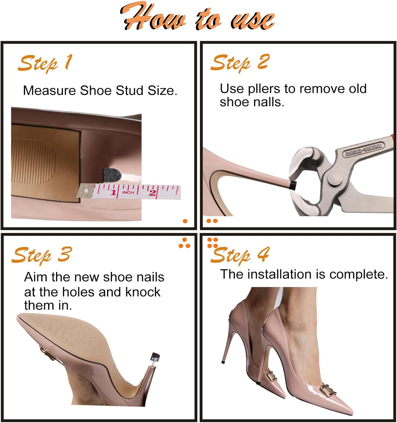 24 Pairs High Heel Replacement Tips, Women Heel Shoes Repair Cap，Dowels Tips Pin Kit,with 6 Inch High Heel Remove Pliers, 8-12.5mm 6 Sizes Heel Tips Caps, U-Shape, Black Beige