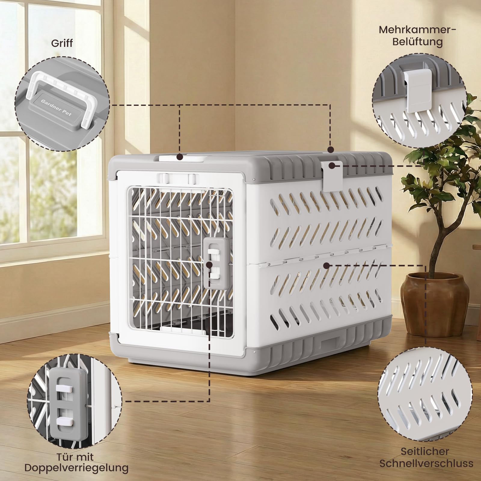 Gardner Pet faltbare Hundebox für große Hunde, Hundetransportbox, Montage ohne Werkzeug, Reisebox für Hunde mit 2 Rädern, leicht zu transportieren, platzsparend, Extra große Acryl-Hundebox, 92x58x66cm
