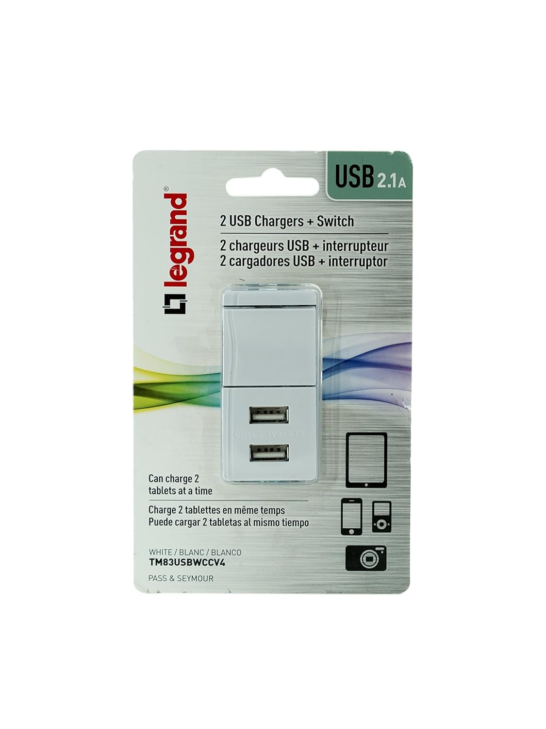 Legrand Pass & Seymour TM83USBWCCV4 15 Amp Combination Decorator Rocker Light Switch and Type A USB Charging Ports, 3-Way, White with Screwless Wall Plate (1 Count)