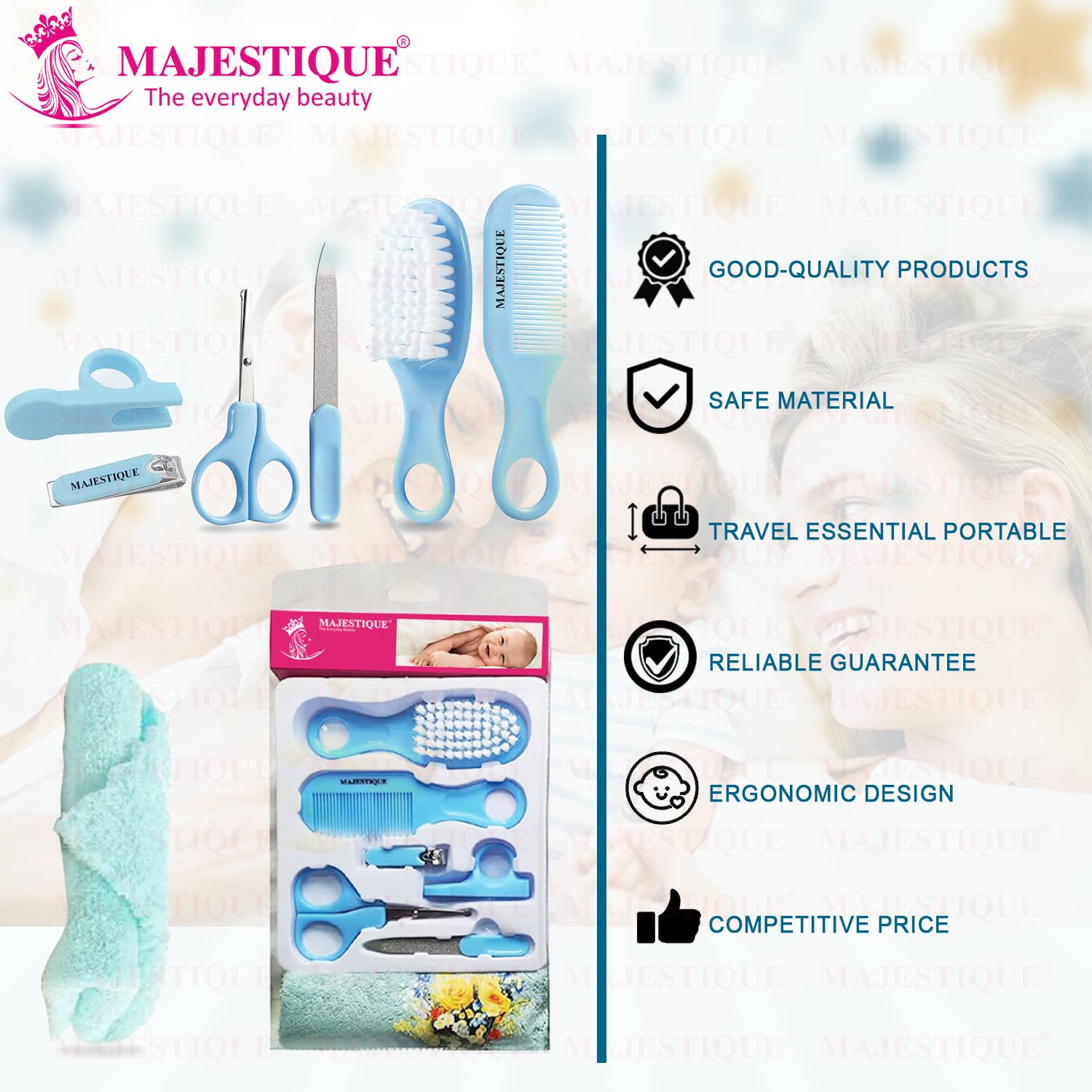 Majestique Baby Grooming Set, Baby Hair Brush, Comb, Nail Clipper, Nail File and Soft Baby Towel, Baby Grooming Kit for New Born Baby, Toddlers Infant Girl Boys Keep Clean (7 in 1) 4