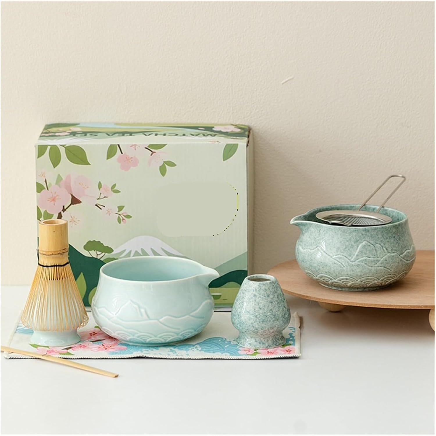Spout Matcha Bowl Set Kitchen 2PCS Ceramic Embossed Whisk Hold Kit With Accessories(A-2PCS)