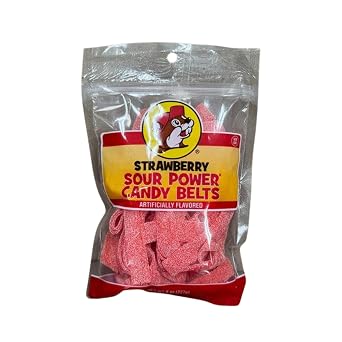 Buc-ees Sour Power Candy Belts Deliciously Sweet & Tangy, Chewy Gummy Candy & Sour Candy | Non-Melting, Fruity & Extra Sour Strips | Kids Snacks for School 8 Ounce Resealable Bag Strawberry