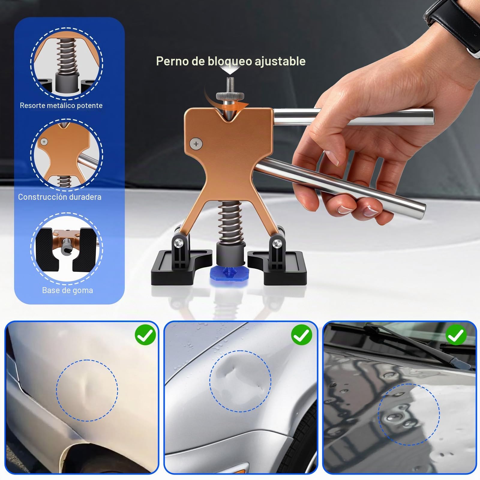 Kit de Extractor de Abolladuras de Coche sin Pintura con Elevador Dorado | 142Pcs Kit de Reparación de Abolladuras, con Placa Reflectante PDR, Abolladuras Extractor de Abolladuras y Ventosa