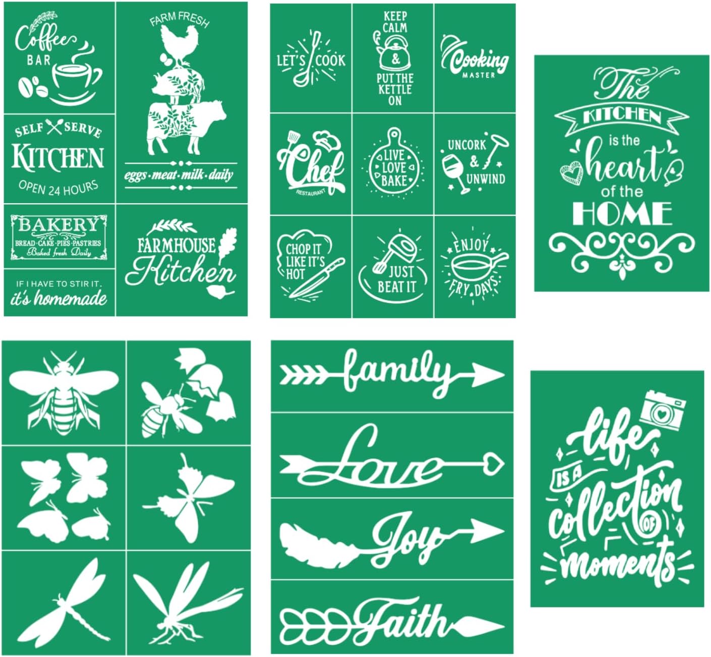 DGAGA 6 Pieces Self Adhesive Silk Screen Printing Stencil Mesh Transfers Farmhouse Kitchen Theme Reusable Silk Screen Stencils for DIY Painting on Wood, Fabric,Home Decor, Crafts Chalks, Chalk Paste