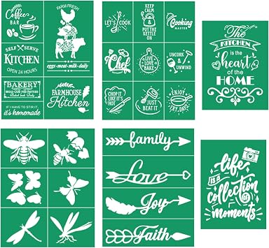 DGAGA 6 Pieces Self Adhesive Silk Screen Printing Stencil Mesh Transfers Farmhouse Kitchen Theme Reusable Silk Screen Stencils for DIY Painting on Wood, Fabric,Home Decor, Crafts Chalks, Chalk Paste