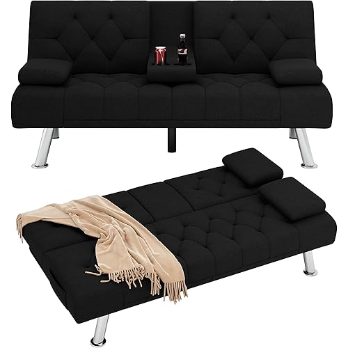 HIFIT Futon Sofa Bed, Upholstered Convertible Folding Sleeper Sofa Bed with Removable Armrests, Modern Futon Couch for Living Room, Bedroom, 2 Cupholders, Metal Legs, Black