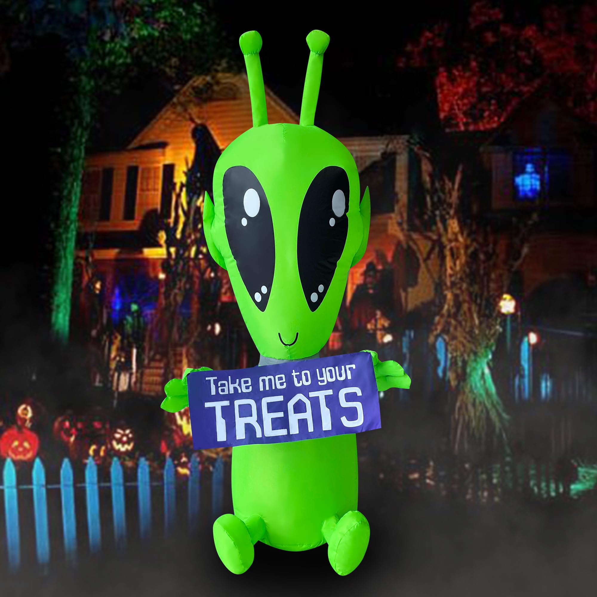 4 FT Halloween Inflatable Alien with Banner Decoration Blow Up Built-in LED for Holiday Lawn Yard Garden Home Indoor Outdoor Decor