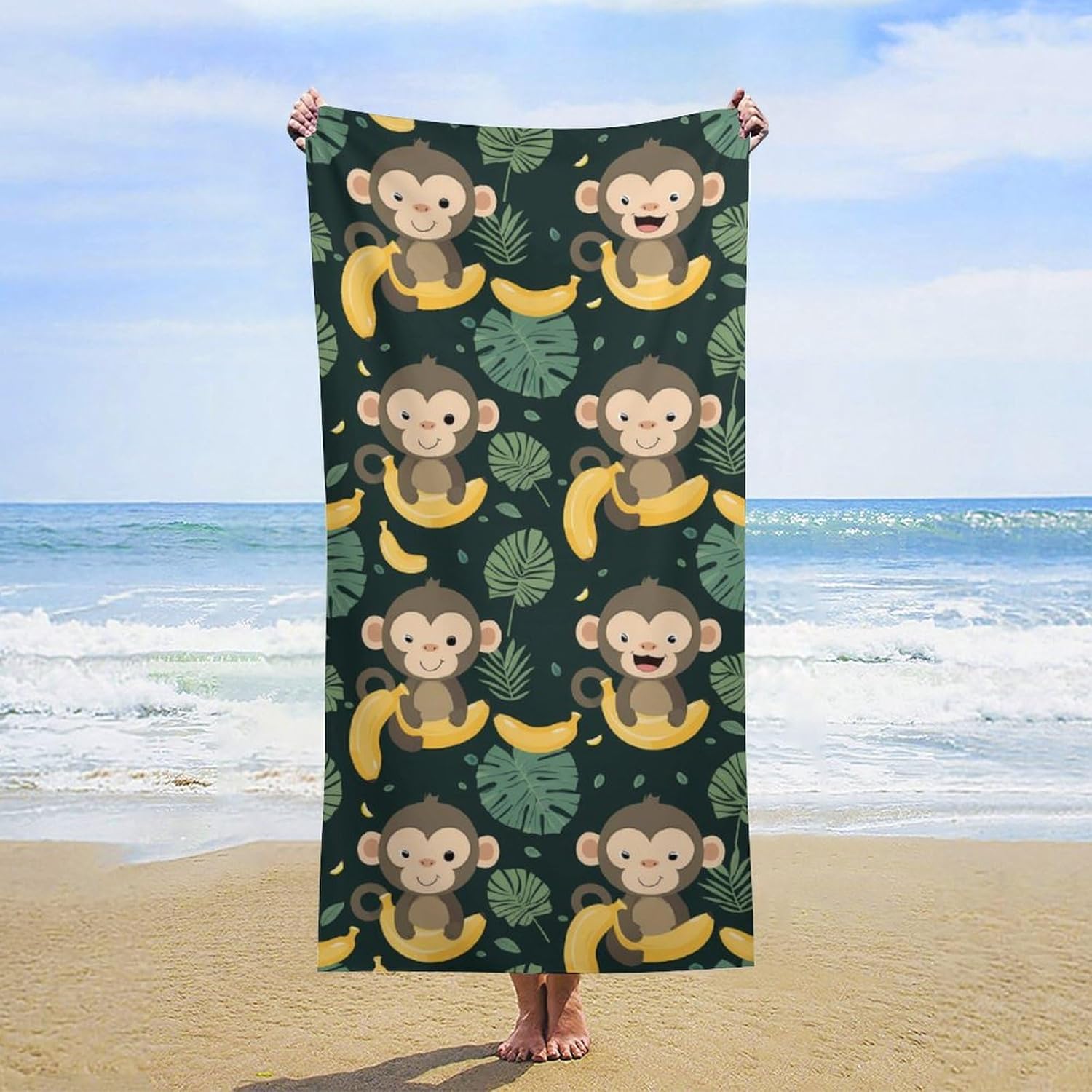 Cute Monkey and Banana Bath Towel Beach Towels Quick Dry Oversized Bath Blanket Highly Absorbent Towel for Women Men 160x80cm
