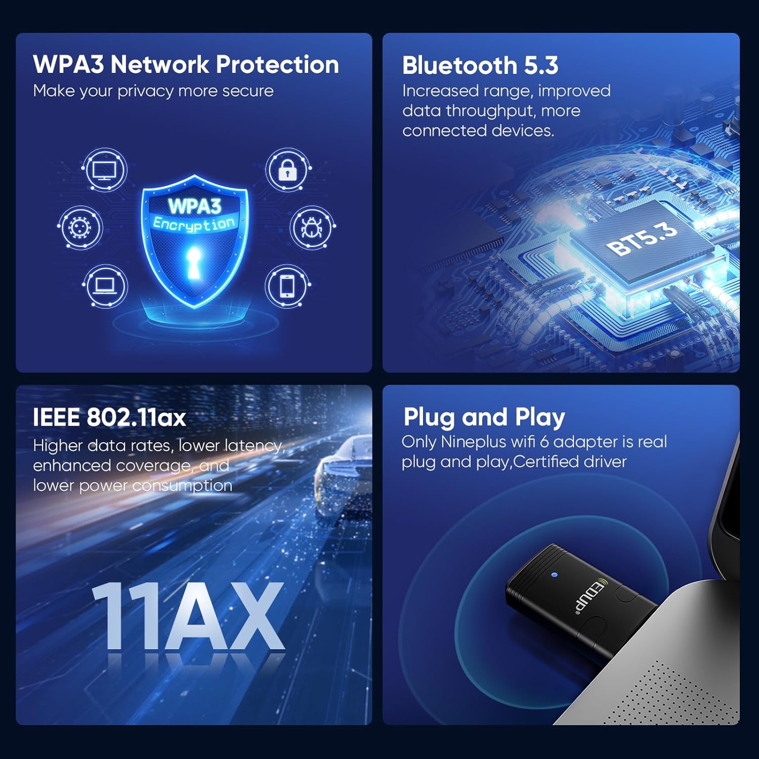 EDUP USB WiFi 6 Adapter plugged into a laptop, showing its compact size