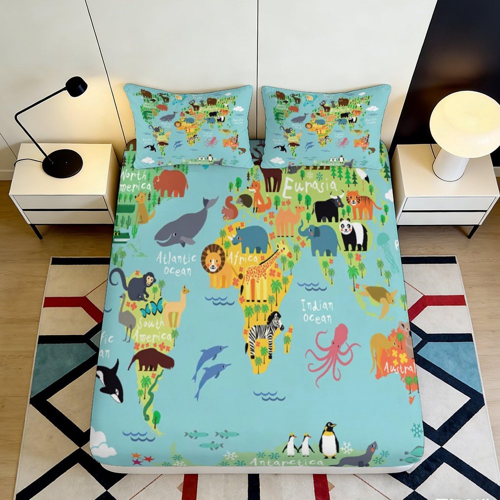 Uxinyoume Style-9 3D Printed Animal World Map Fitted Sheet Microfiber Soft Mattress Cover For Bedroom Guest Room Decor Protection 90X200x25cm