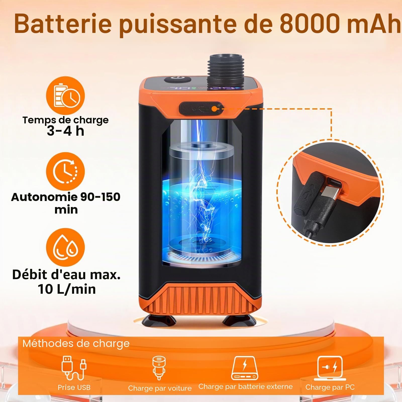 Douche de Camping, 8000mAh Douche Portable avec Pomme de Douche Filtrante, Pompe de Douche Électrique Rechargeable Étanche IPX8, Kit Douche Exterieur pour Camping, Animaux, Randonnée, Voyage