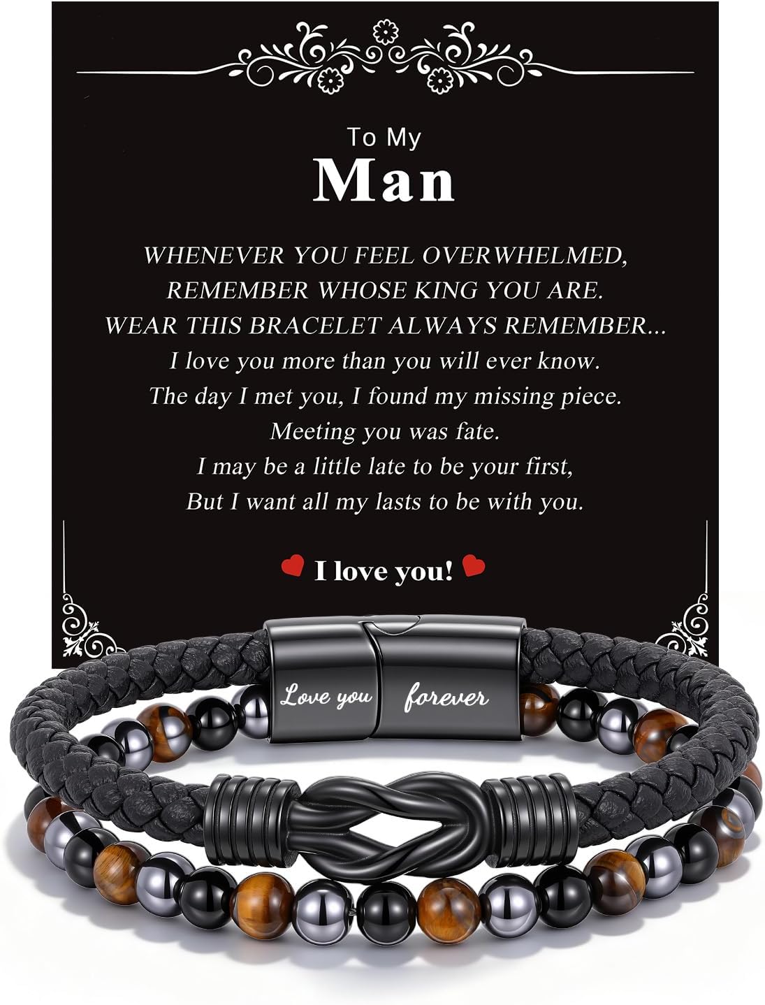 Healing Gifts for Men Triple Protection Healing Infinity Bracelets Lettering Love You Forever Always Linked Together & Guard Your Lover Hematite Black Obsidian Tiger Eye Gemstone Rosary Bracelet