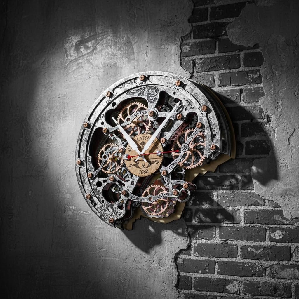 utomaton Bite 1682 Metal Jacket Wall Clock with Moving Gears, Silent Quartz, Personalized Engraving, Steampunk Industrial Decor