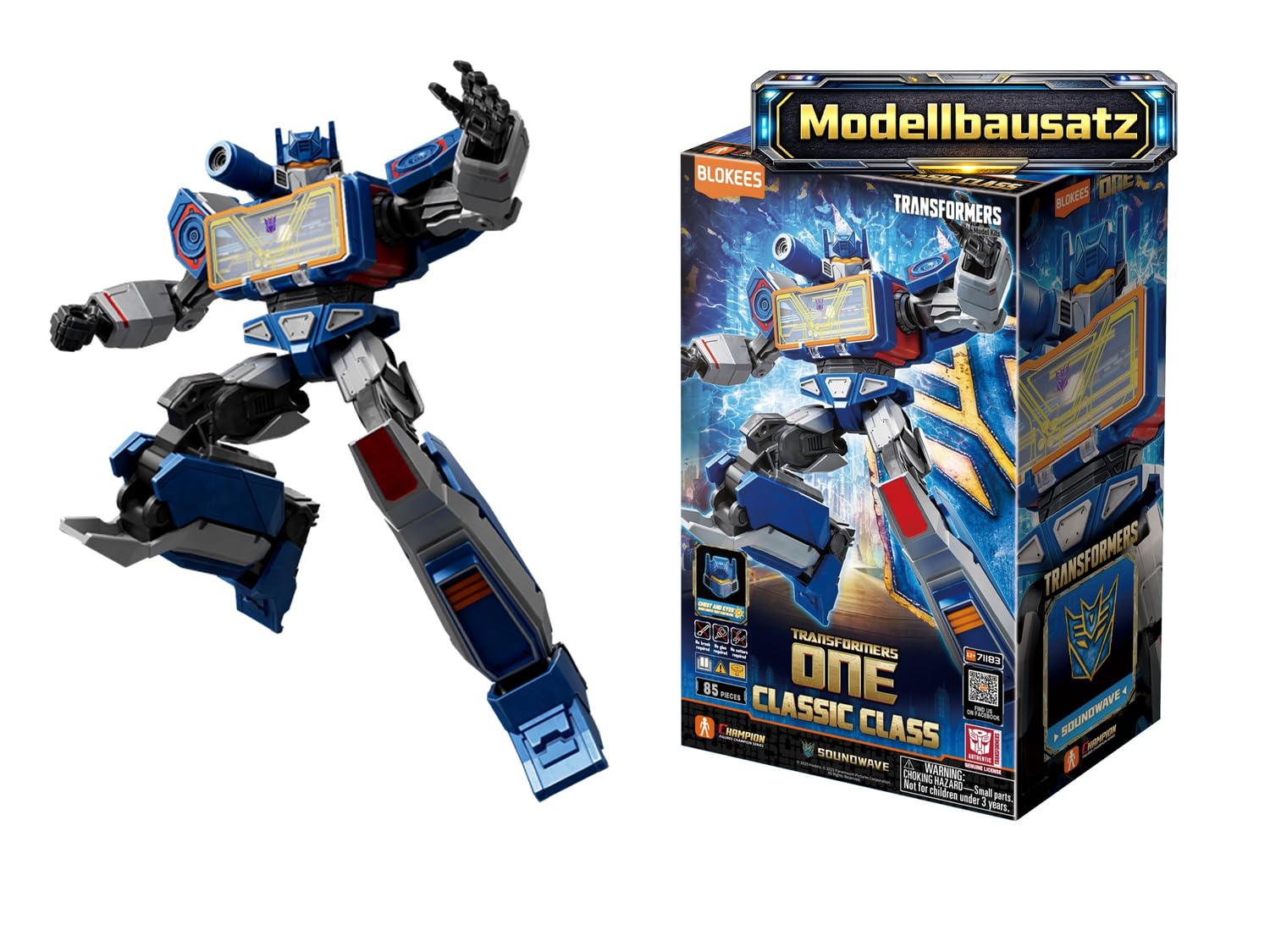 BLOKEES Transformers Soundwave 17 Model Set for Children from 12 Years, 12.5 cm Robot with Light Function, 20 Moving Elements, Plug-in System Without Glue, Accessories and Stand, Collectible Model