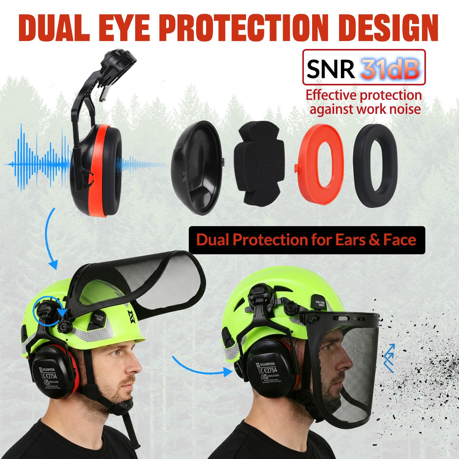 HEARMOR VOLTEK Ensemble de casque de sécurité forestière 5 en 1 avec casque rigide en ABS avec protège-oreilles, visière, capuchon de sudation et sac de transport, design confortable et ventilé pour
