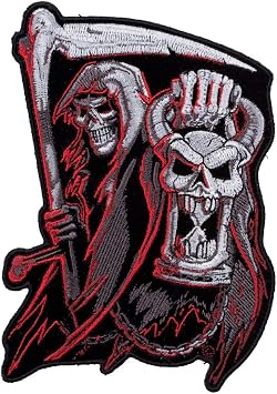 PatchStop Grim Reaper Hourglass Red Black Iron On Patches for Clothing Jeans - 4x5.5in Medium DIY Sew On Patch for Jackets Bags - Embroidered Decorative Death Patches