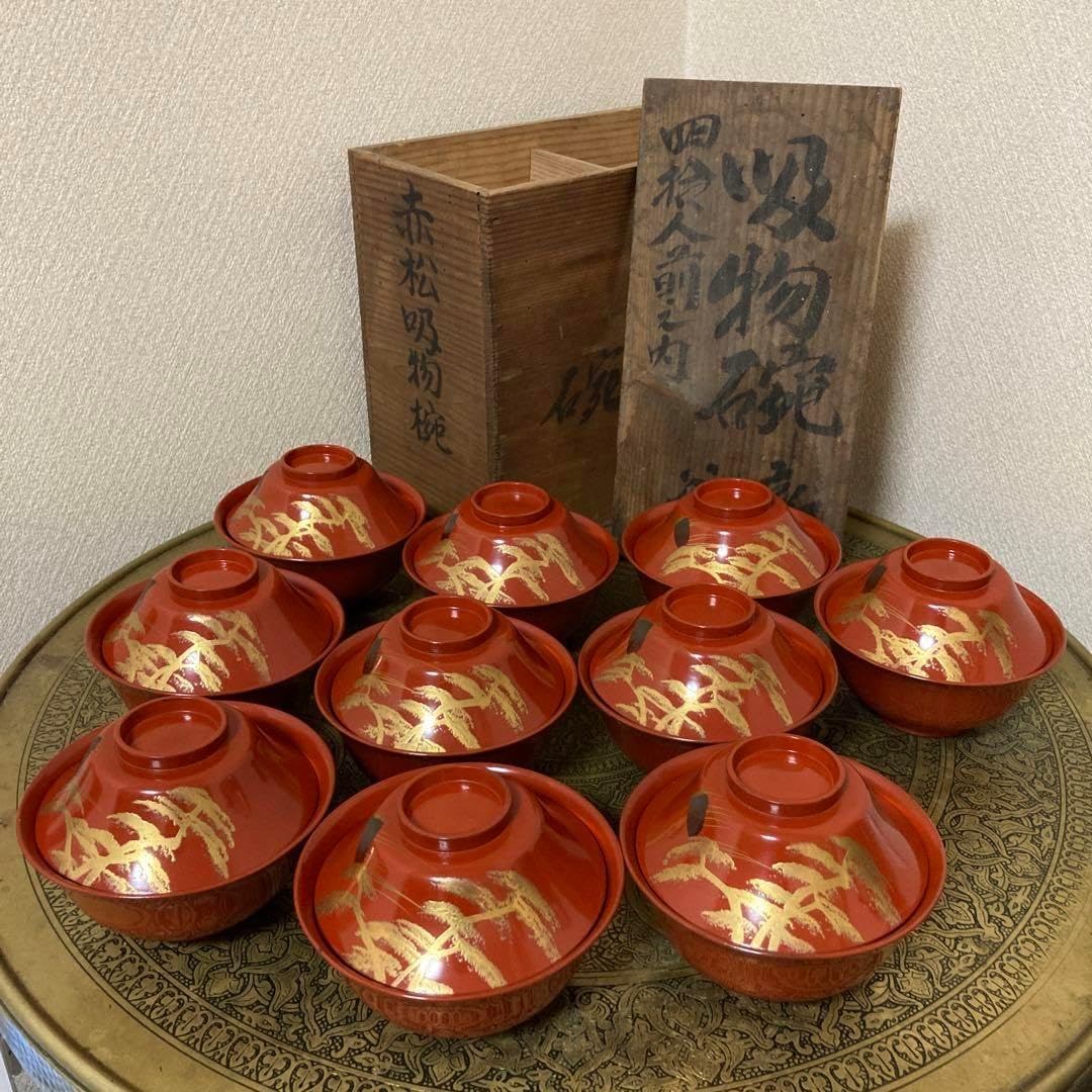 時代　赤松吸物椀　10客　明治　朱　金蒔絵　漆〈検 輪島塗　越前塗　会津塗 時代 赤松吸物椀 10客 明治 朱 金蒔絵 漆 輪島塗 越前塗 会津塗