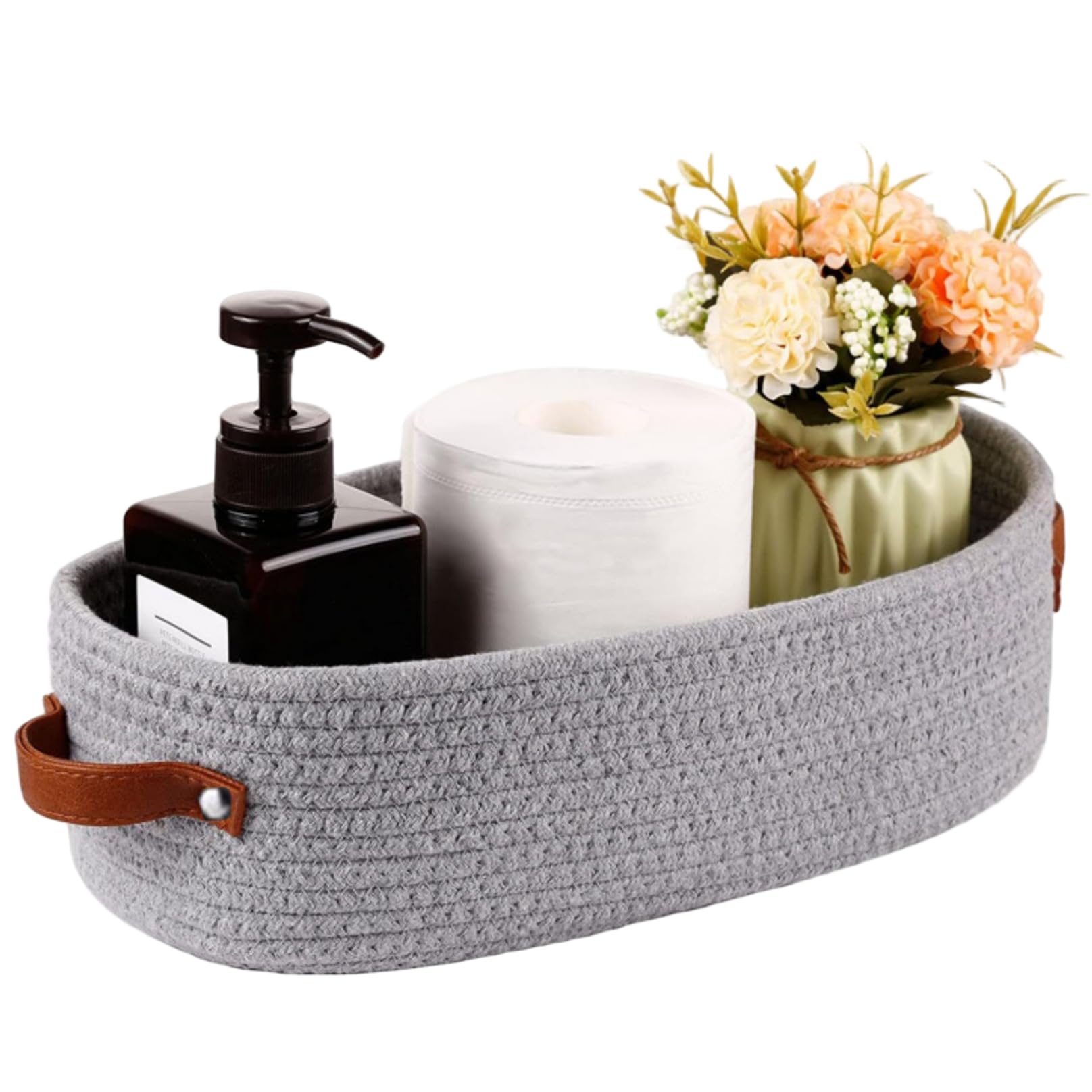 Suxdlan Grey Small Woven Basket With Handle 13X6x4 Cotton Rope Woven Baskets For Storage Oval Countertop Organizer For Living Room, Bathroom, Bedroom,