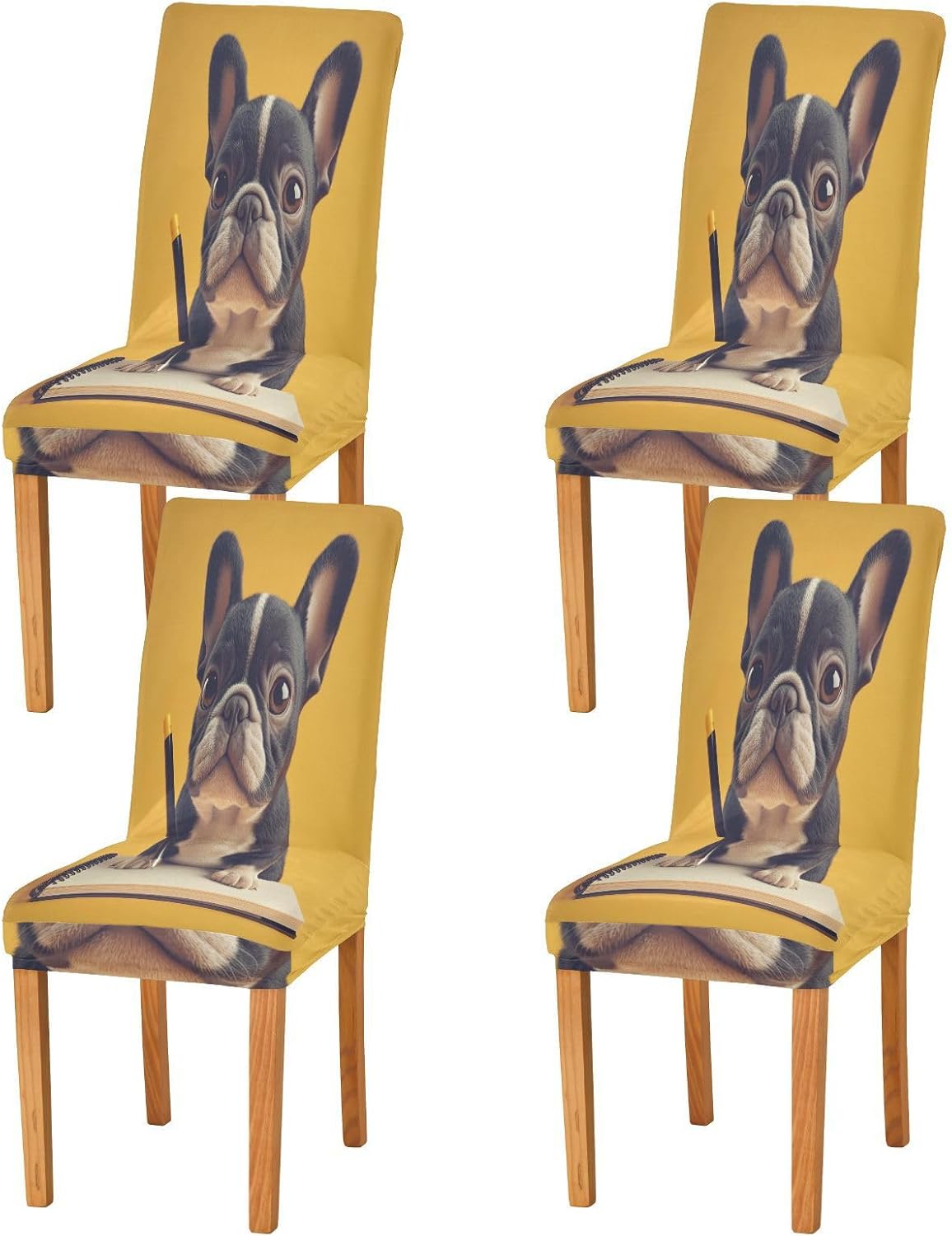 ALAZA Chair Covers for Dining Room, Cute Puppy French on Yellow Stretch Chair Cover Sets Chair Protector Removable Washable for Ktichen Restaurant Hotel