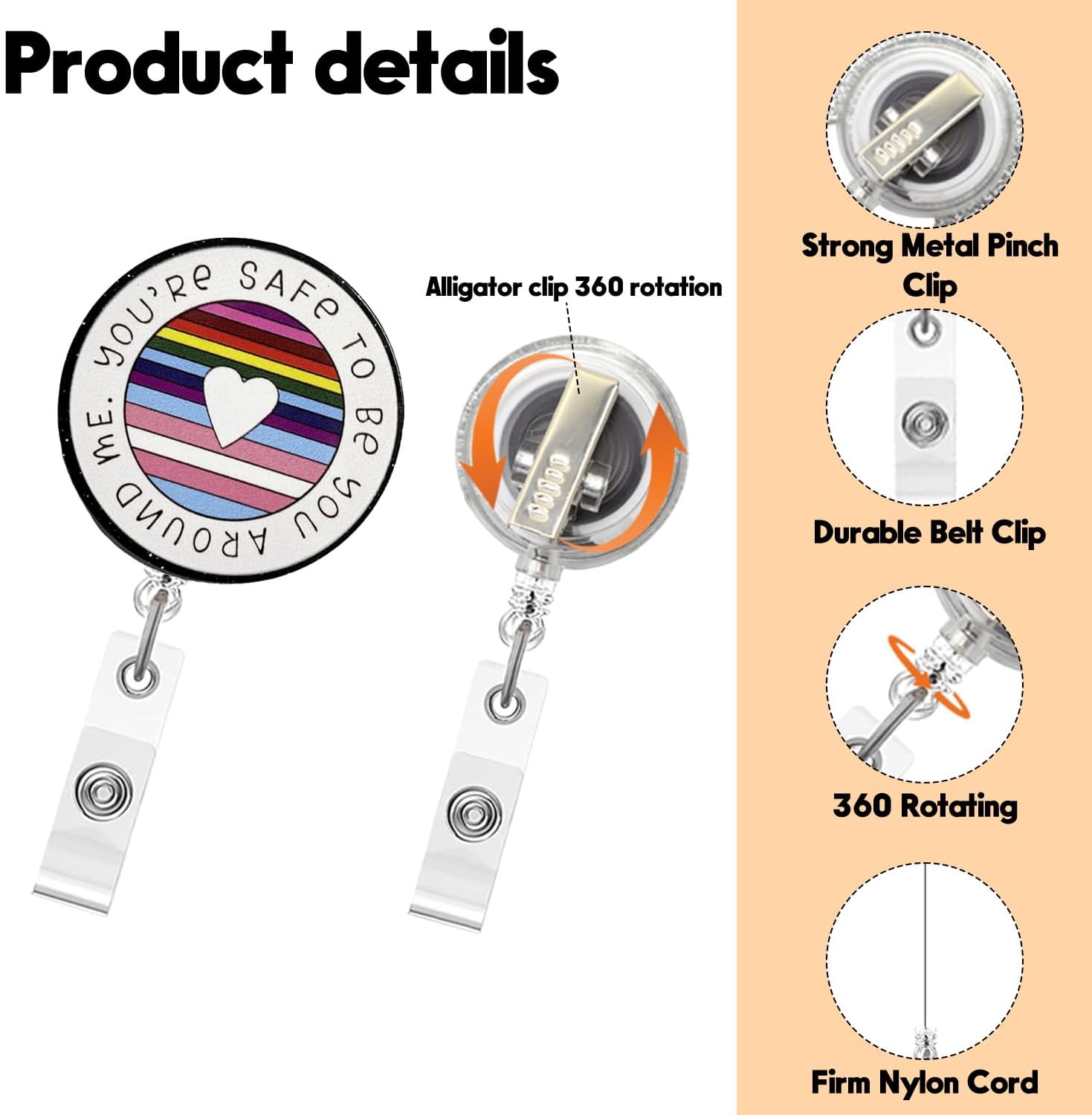 LGBTQ Badge Reel,Rainbow Heart Acrylic Badge for ID Card Badge,Telescoping Retractable Badge Holder Alligator Clip Accessories for Nurse,Medical Worker,Nursing Student,Teacher - Image 2