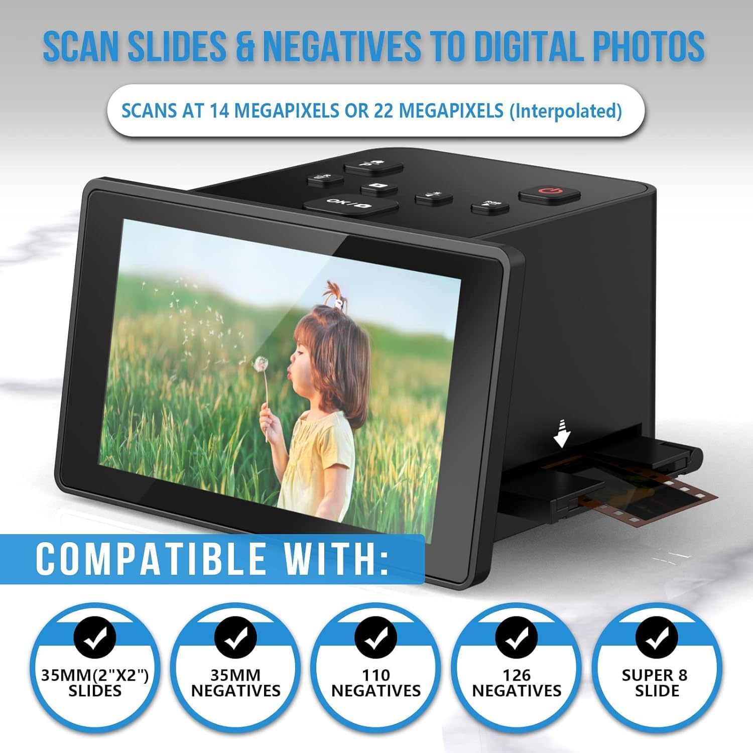 Scanner de films et diapositives – Convertit les négatifs et diapositives de films 35 mm, 126, 110 en photos numériques de 22 MP – Scanner de négatifs avec écran LCD de 5", inserts à chargement facile