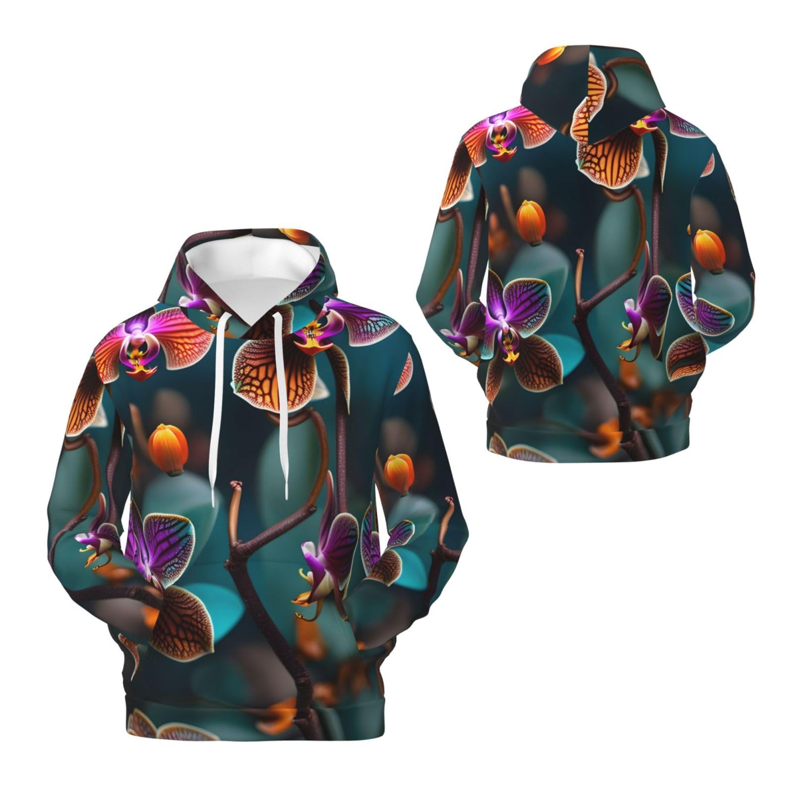 Męska bluza z kapturem z nadrukiem morskiej i pomarańczowej orchidei, casualowa grafika z nadrukiem bluzy z kapturem z kieszenią