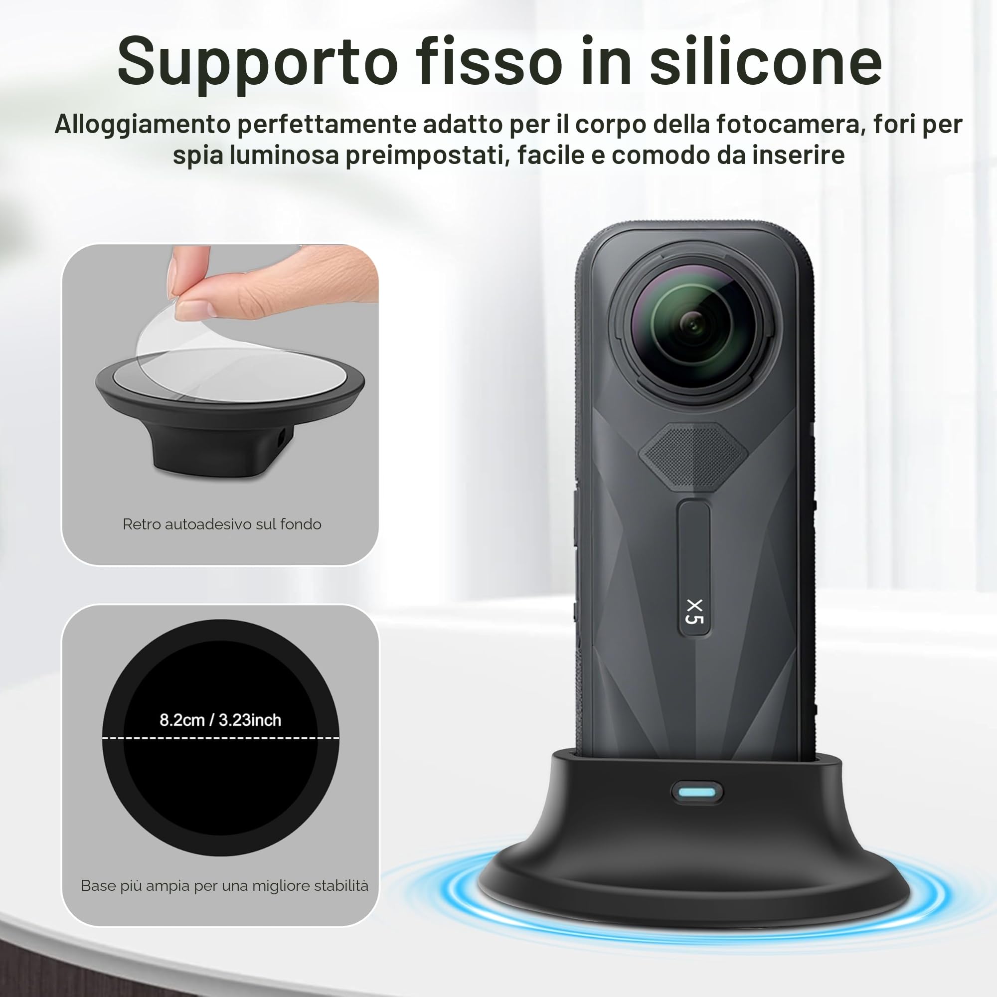 FiTSTILL - Set di protezione per Insta 360 X5, pellicola protettiva in vetro temperato e silicone, copriobiettivo e base di supporto in silicone