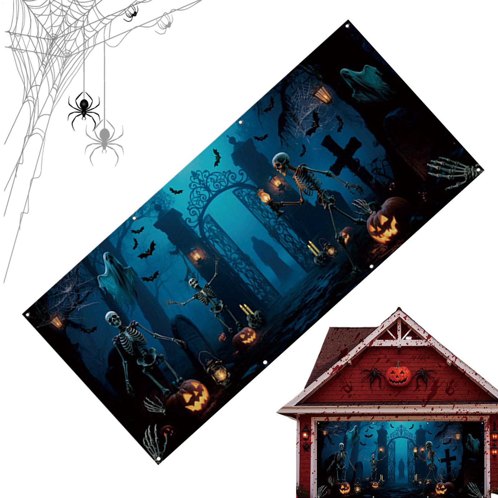 Bannière Halloween pour garage résoud le manque de place avec ce grand décor de cimetière
