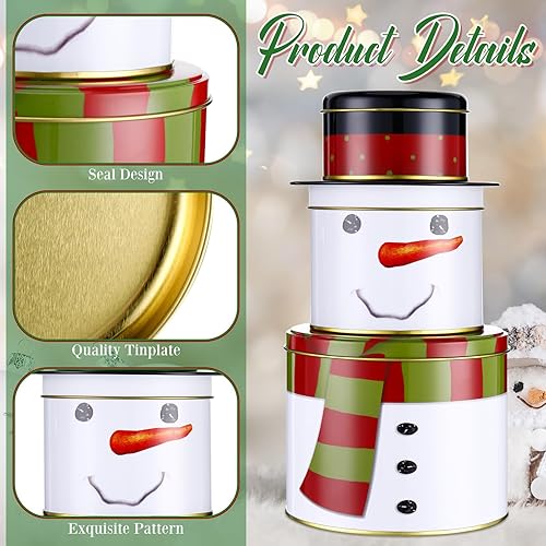 Miniatura 3 de 2 juegos de latas de galletas de Navidad con tapas de 3 capas de contenedores de lata de Navidad de metal, grandes, medianos y pequeños, redondos,