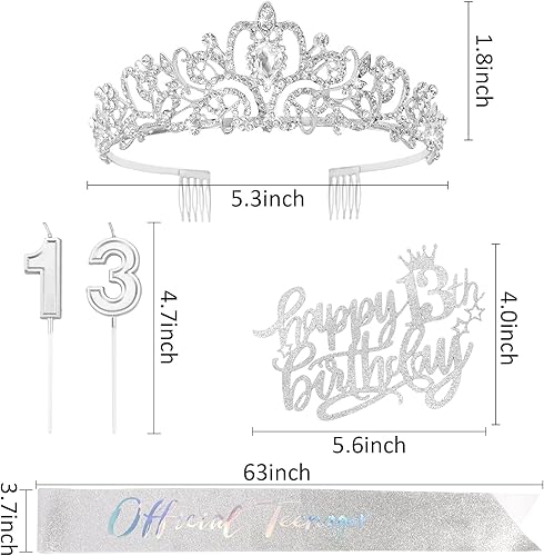 Miniatura 3 de Hapdoo Decoraciones de cumpleaños número 13 para niñas, incluyendo tiara de corona de diamantes de imitación, banda oficial de purpurina para