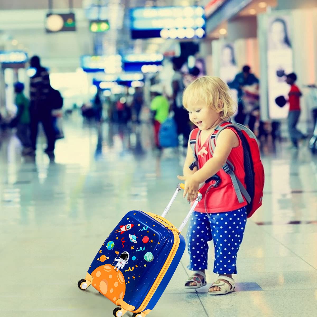RELAX4LIFE Set Valigia Bambini 2 in 1 Astronauta Spazio Blu Royal Giallo (Trolley18 + Zaino 12") con Ruote 360°, Maniglia Regolabile, Zaino con Piedini | ABS Resistente |Ideale per Viaggi e Scuola