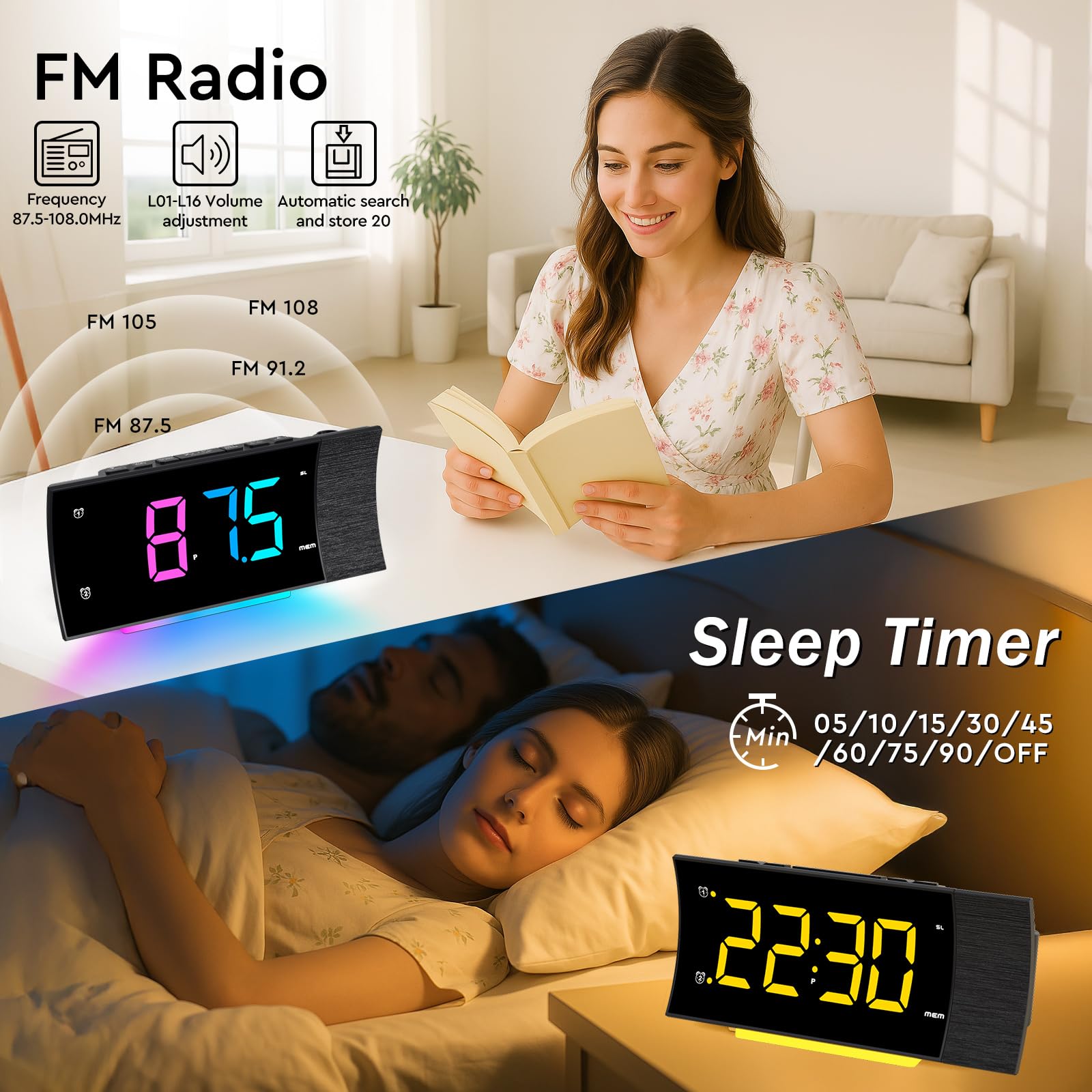 Radio Reveil Projecteur Plafond 180°, Radio Réveil FM Numérique, Grand Écran LED, Chargeur USB, Double Alarme, 12/24H, Snooze, Horloge Projection Plafond pour la Chambre