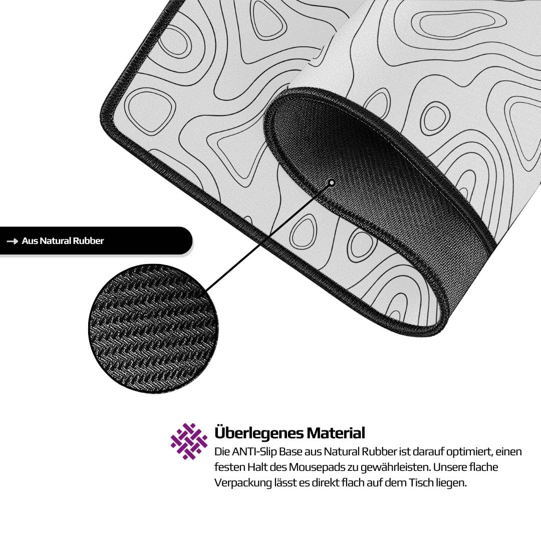 NYFTER - 3XL Gaming Mauspad weiß im Topography design 1200 x 600mm Premium Mousepad Size Groß vernähte Kanten langlebig mit high-end Glide und Anti-Rutsch Speed Gaming Mauspad
