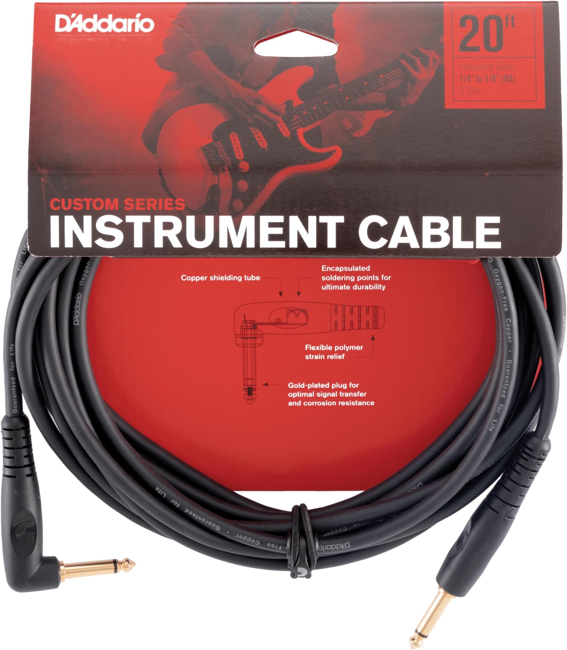 D’Addario Accessories Custom Series Guitar Cables - Instrument Cable with ¼ Inch Ends - High Performance Guitar Cord - For Guitars, Bass, Keyboards - Mono - Right Angle, 20 feet