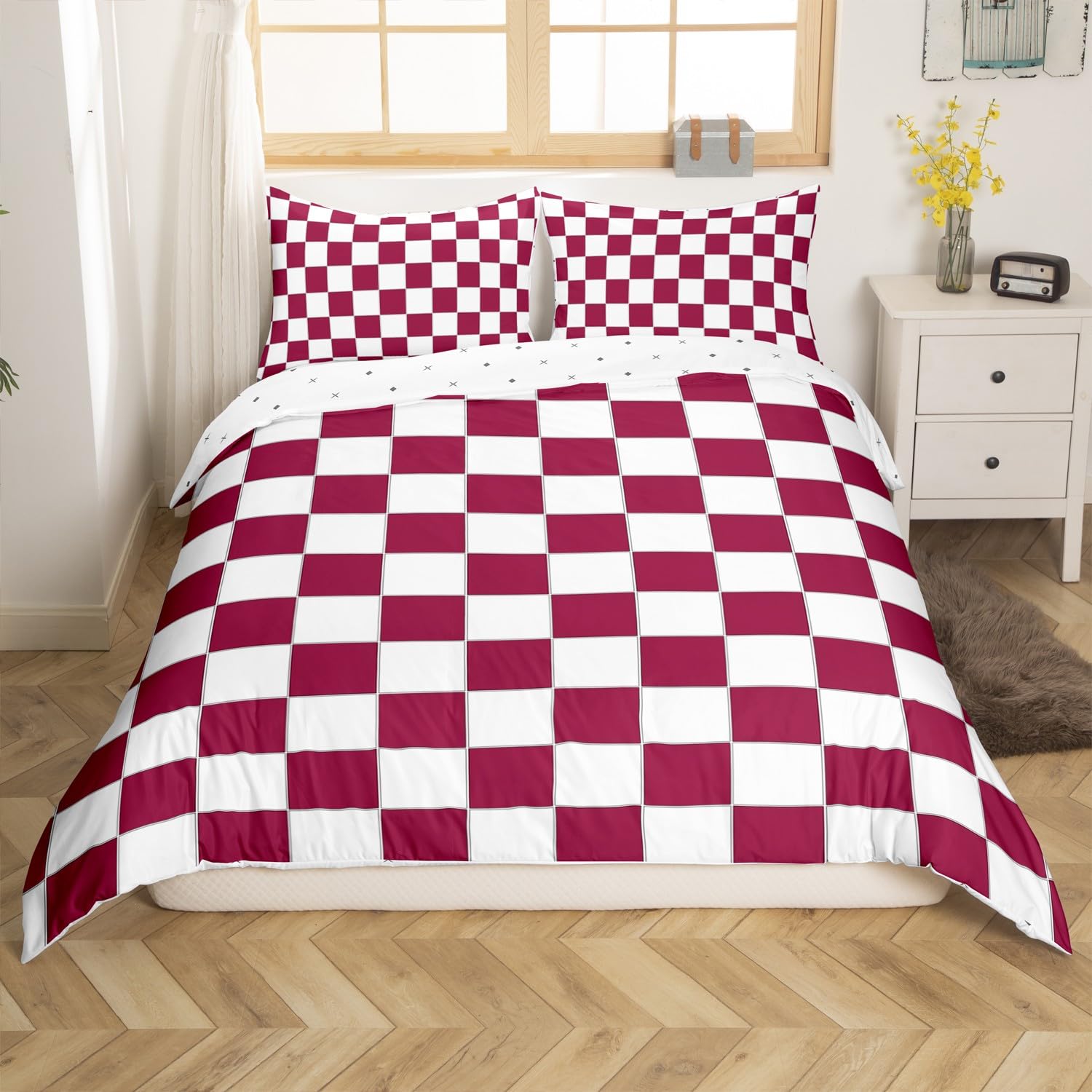 Burgundy Check Plaid Comforter Cover Single White Red Checkerboard Bedding Set,Checkered Grid Duvet Cover For Kids Teen Adults Aesthetic Geometric Bed Set Modern Room Decor Zipper - Image 2