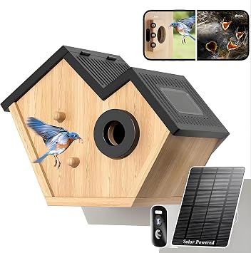 Solar Powered HD Camera Birdhouse, Live Stream AI, Observe Nesting and Hatching, Cloud and SD Card Storage, 35 mm Input and IP65 Rating, Garden Gift Idea