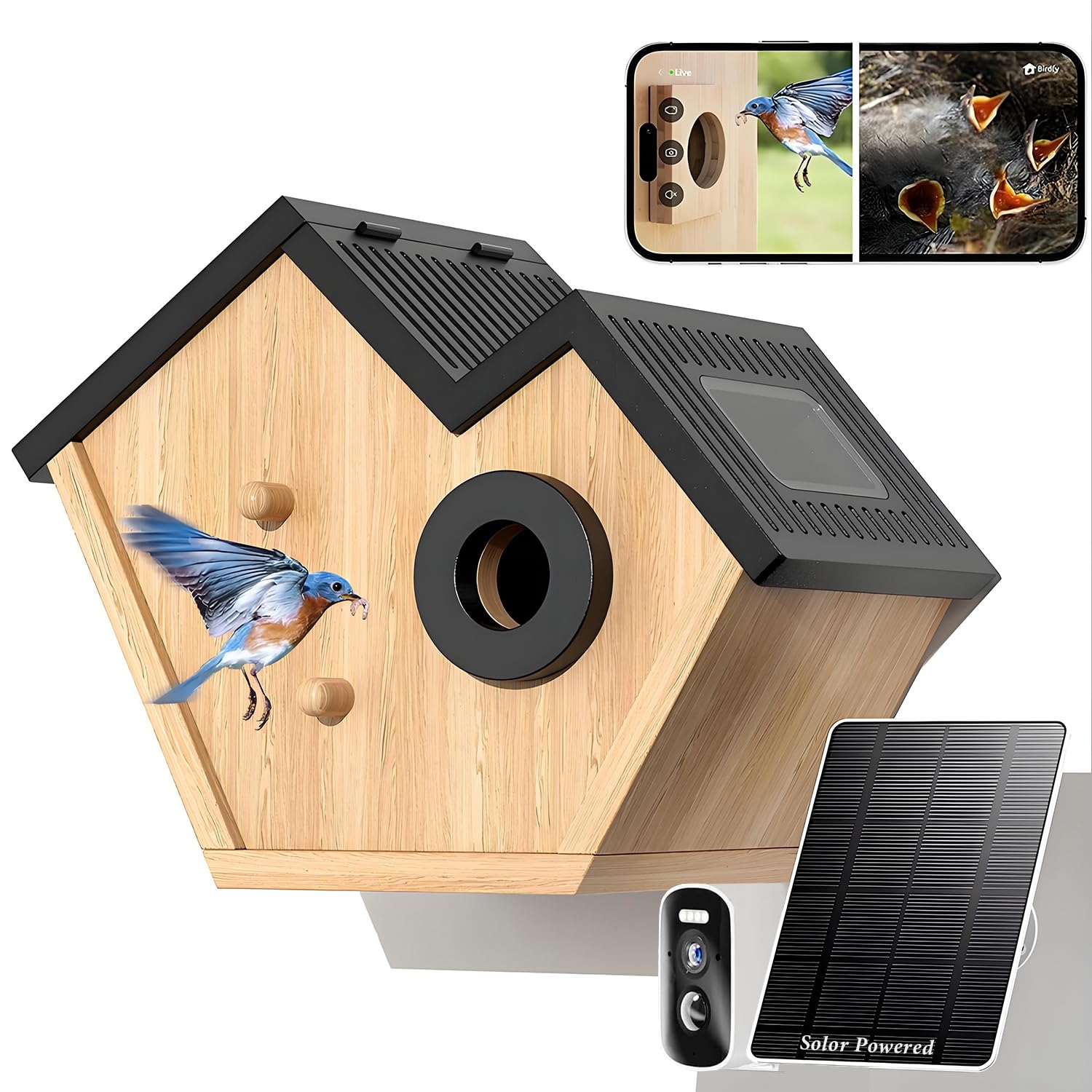 Caja nido con cámara HD alimentada por energía solar, Live Stream Al Detector de aves, observa la anidación y la eclosión, memoria en la nube y SD, entrada de 35 mm y protección IP65, idea de regalo