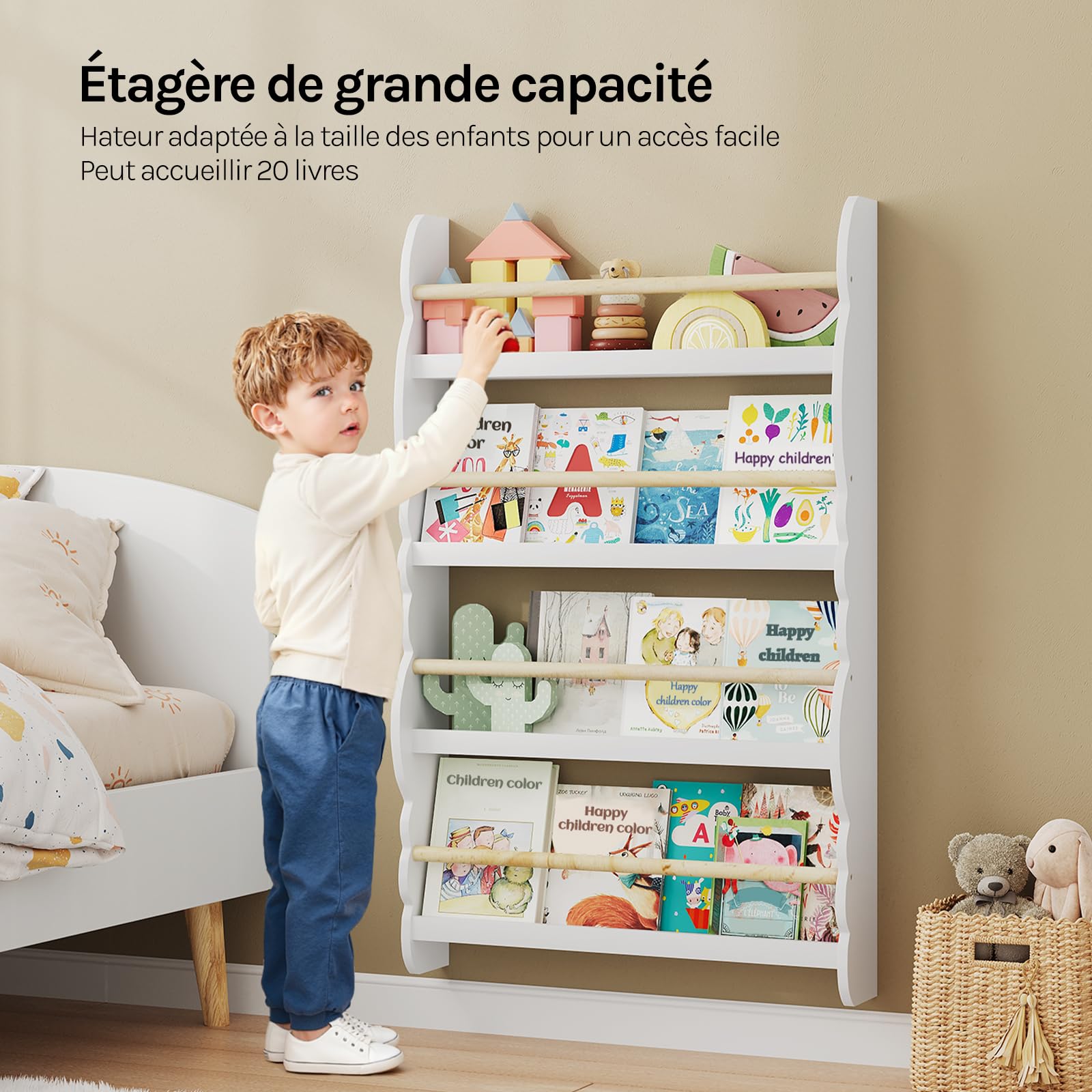 WOLTU Bibliothèque Murale, Étagère de Rangement pour Chambre d'enfants pour Ranger des Livres, 60x14,5x98 cm,Jouets en Bois MDF à 4 Niveaux, Blanc