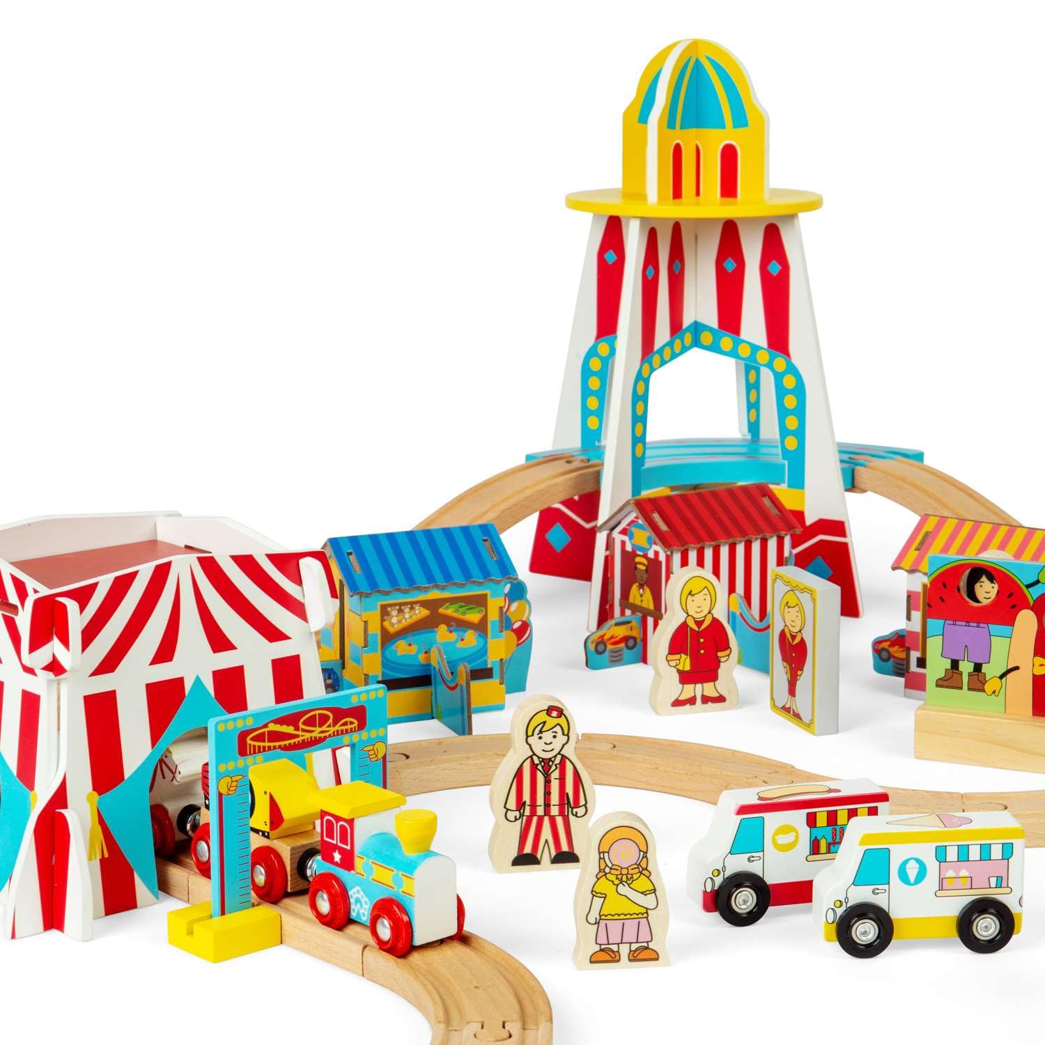 Bigjigs Rail Fun Fair Train Set, Juego de Trenes de Carnaval de 54 Piezas, Trenes y ferrocarriles de Madera sostenible para niños de 3+ años.