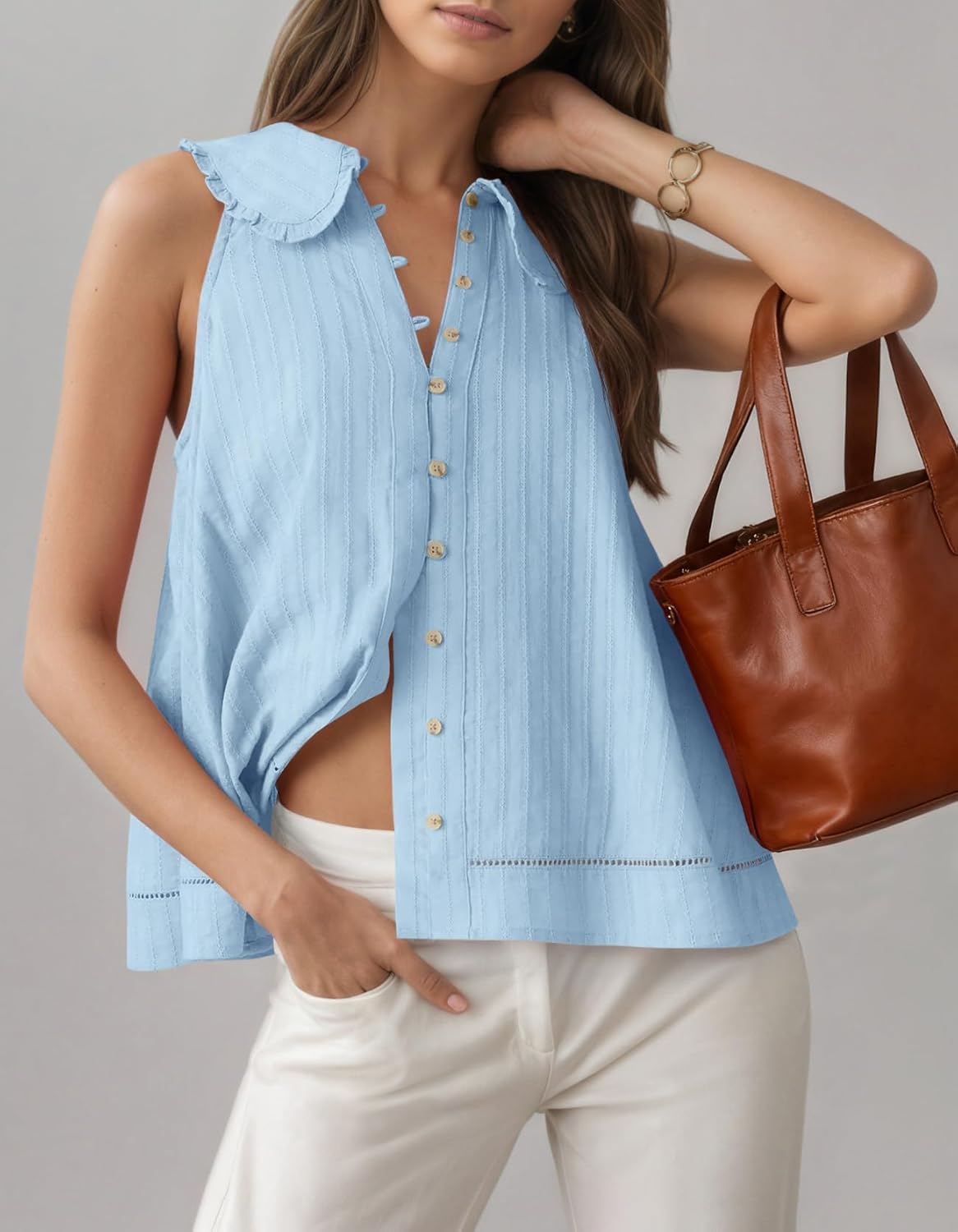 Tankaneo Womens Peter Pan Collar Shirt Summer Casual Sleeveless Button Down Tops Loose Fit Eyelet Hem Vest - Image 5