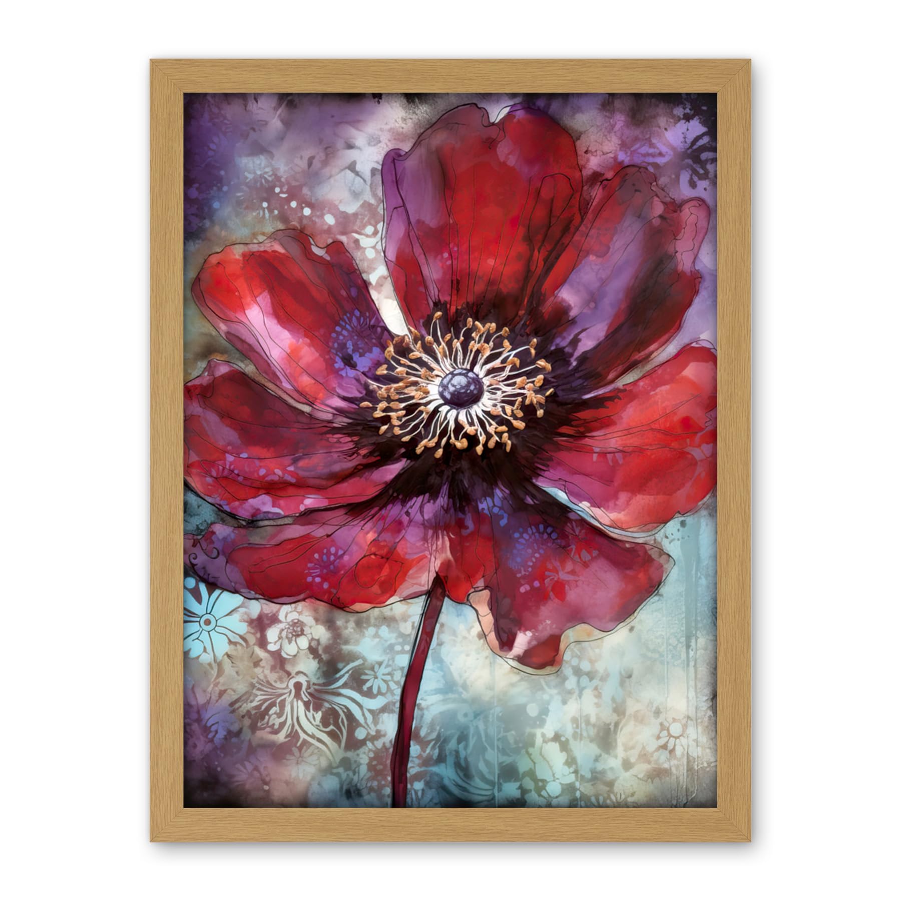 Artery8 Red Anemone Flower Bloom Watercolour Illustration Artwork Framed Wall Art Print 18X24 Inch